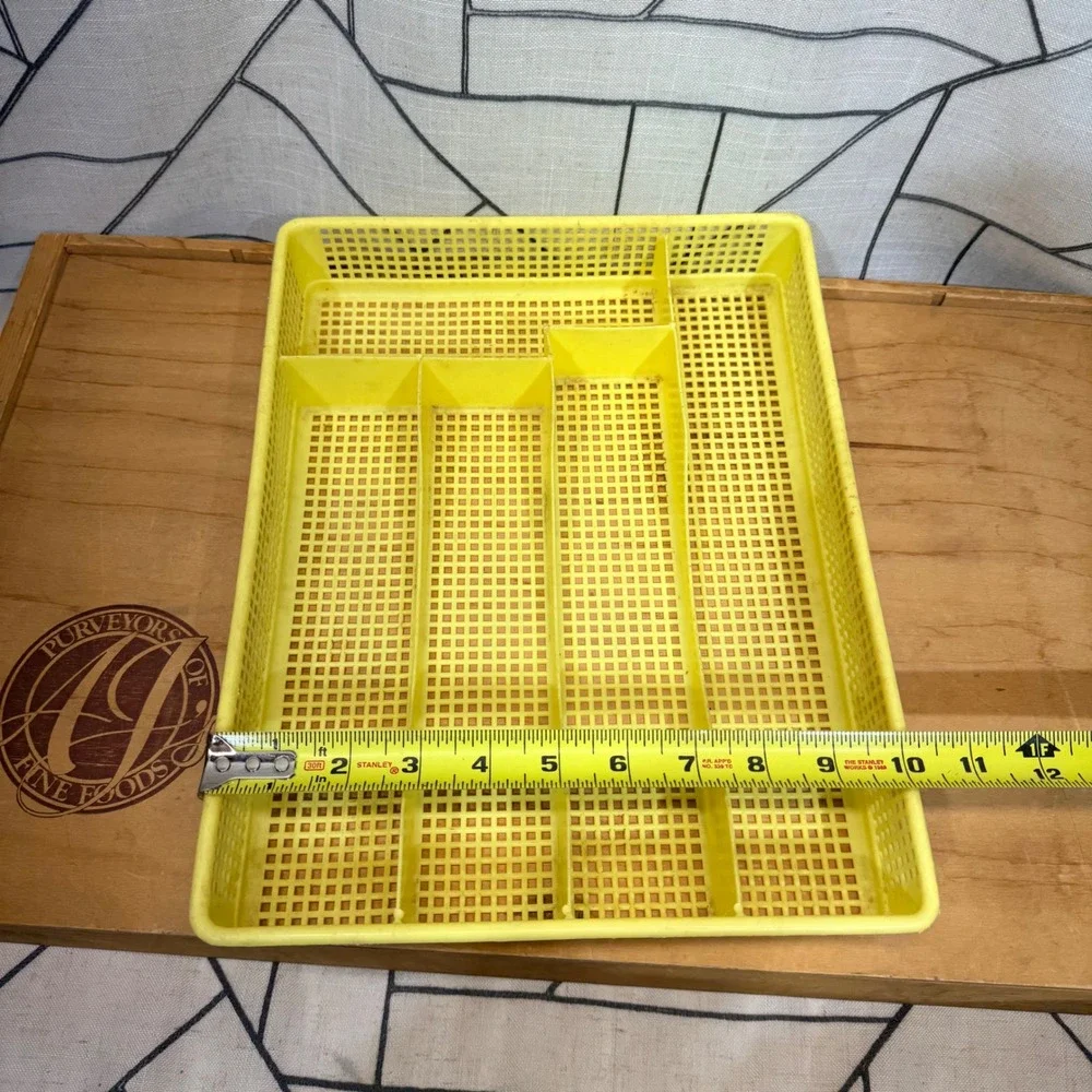 Vintage Yellow Plastic Mesh Silverware Drawer Organizer 5 Compartment Tray Retro